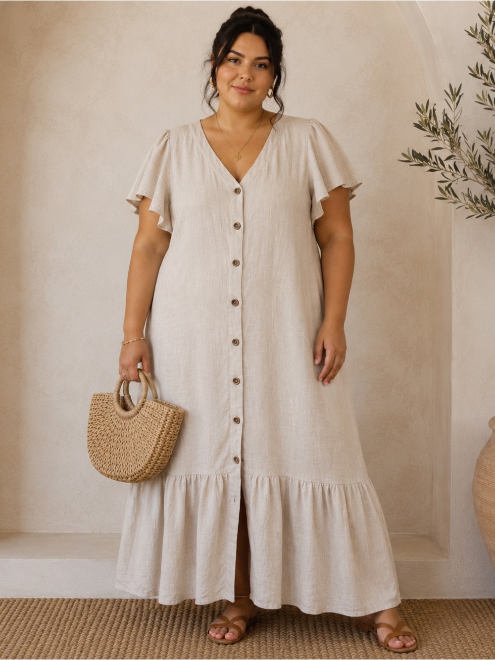 Emery Rose Coastal Lagenlook Beige Button-Front Linen Maxi Dress NWT 3X